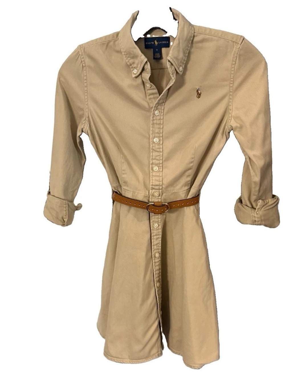 Ralph Lauren Youth Girls Khaki Shirt Dress Fit & Flare Sz 12 EUC